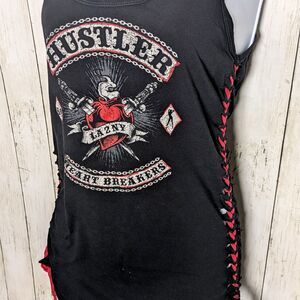 Vintage Hustler Lace Up Tank Womens XL Y2K Biker Babe Grunge Distressed RARE HTF